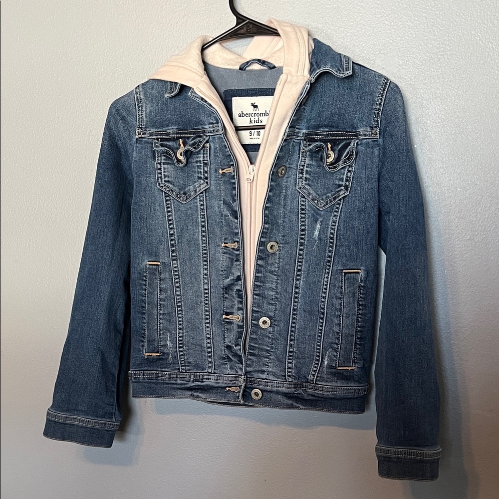 abercrombie kids blue denim jacket with cream hooded insert